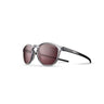 Julbo Eyewear Shine L sunglasses feature gray frames, round reddish-brown polarized lenses, and black arms—adventure-ready eyewear perfect for any outing, shown on a white background. #color_gray-black-with-spectron-3-polarized-hd-lens