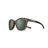 Julbo-usa Spark women’s sunglasses with tortoiseshell thick round frames and green photochromic lenses, shown on a white background. #color_tortoise-brown-with-spectron-3-polarized-lens