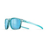 A pair of sport sunglasses with a translucent teal-blue frame and matching blue mirrored lenses, shown from a side profile on a white background. #color_translucent-blue-light-blue-with-spectron-3cf-lens