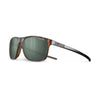 The Julbo Eyewear "The Streets" sunglasses feature a rectangular brown and black frame, dark polarized lenses, and an ergonomic design for all-day comfort, displayed at an angle on a white background. #color_tortoise-brown-with-spectron-3-polarized-lens