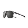 The Streets RX by Julbo Eyewear are black, rectangular wraparound sunglasses featuring dark tinted Spectron Rx polycarbonate lenses and a subtle gold logo on the side. #color_translucent-black-/-black