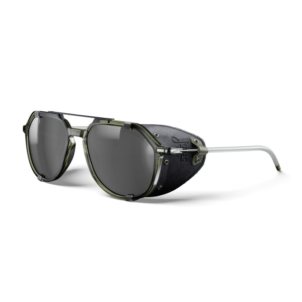 Aviator-style sunglasses with dark gray lenses, a translucent olive green acetate frame, and a silver metal temple arm, shown on a white background. #color_army-green-/-black