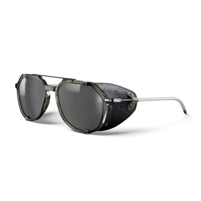 Aviator-style sunglasses with dark gray lenses, a translucent olive green acetate frame, and a silver metal temple arm, shown on a white background. #color_army-green-/-black