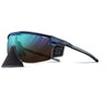 Julbo Eyewear Ultimate Cover Sunglasses Parts are shown on a white background, featuring reflective lenses, a detachable black nose piece, and sleek temple arms. #color_ultimate-cover-nose-cover-black