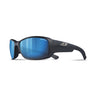Julbo Eyewear Whoops sunglasses with bold frames and blue Spectron lenses, displayed on a white background. #color_black-/-matte-black-with-spectron-3-lens