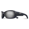 A pair of black Julbo Eyewear Whoops wraparound sunglasses with reflective Spectron lenses and a silver temple logo. #color_matte-black-with-spectron-3-lens