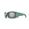 Light blue Julbo Eyewear Whoops sports sunglasses with thick frames, reflective Spectron lenses, and a small temple logo. #color_olive-green-/-black-with-spectron-4-lens