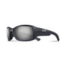 Julbo Eyewear Whoops sunglasses feature black wraparound frames with a thick matte finish and Spectron lenses, displayed in a side profile on a white background. #color_matte-black-with-spectron-3-polarized-lens