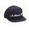 The Julbo USA Peak Flat Brim Hat is a dark blue snapback with a white embroidered Julbo logo on the front and a classic snapback closure. #color_navy