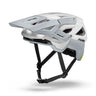 The Julbo USA Forest mountain bike helmet, shown from a side angle on a plain background, features white and gray colors, an adjustable visor, black chin straps, and an adjustable fit.