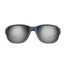 Front view of Julbo USA Montebianco 2 Lenses & Parts blue-framed sunglasses with reflective silver-tinted lenses and sturdy temple arms on a white background. #color_montebianco-2-0-spectron-4-lens-brown-silver-flash